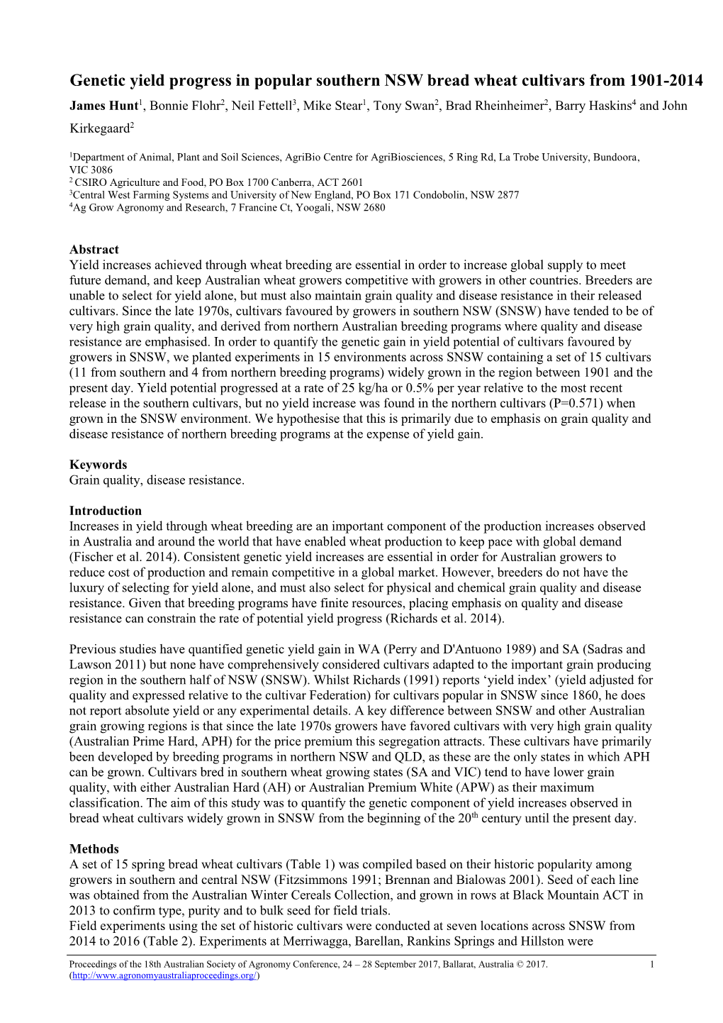 Genetic Yield Progress in Popular Southern NSW Bread Wheat