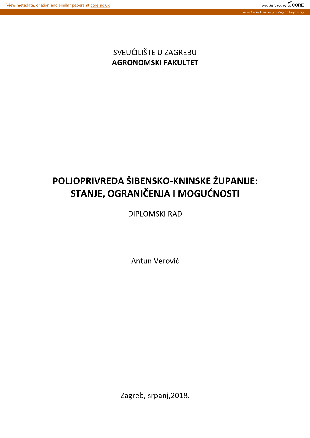 Poljoprivreda Šibensko-Kninske Županije: Stanje, Ograničenja I Mogućnosti