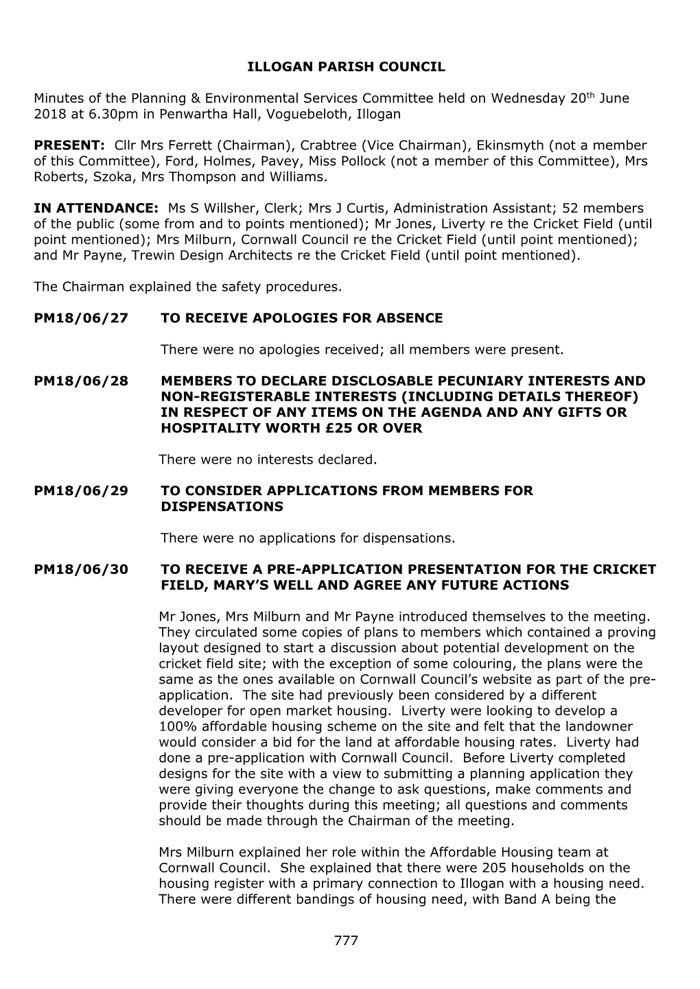 777 ILLOGAN PARISH COUNCIL Minutes of the Planning