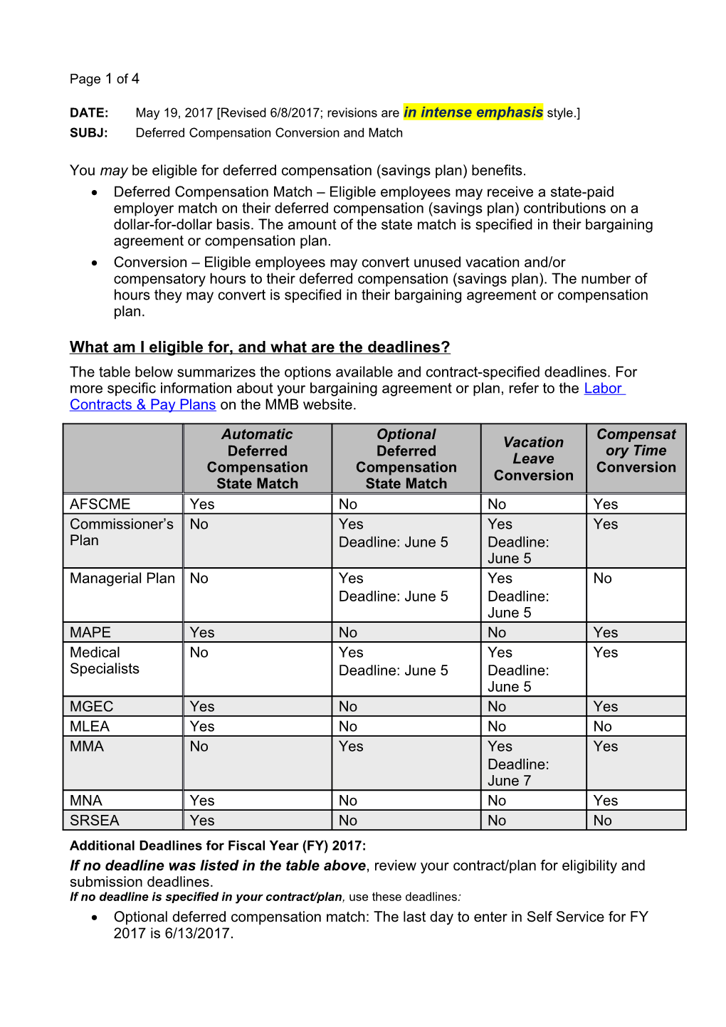 ANNOUNCEMENT: Deferred Compensation Conversion and Match