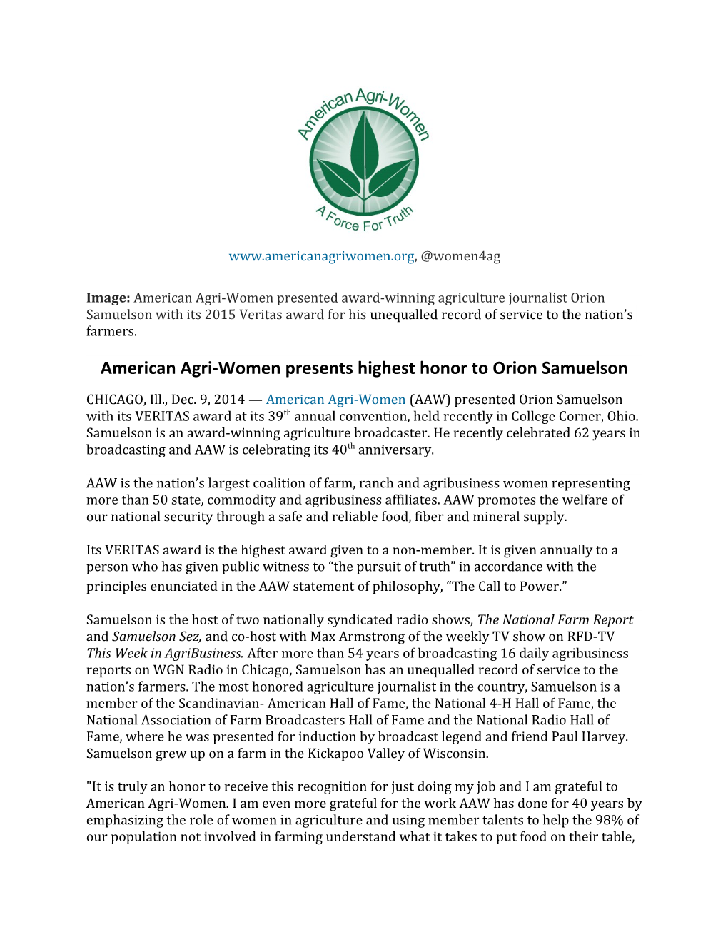 American Agri-Women Presents Highest Honor to Orion Samuelson