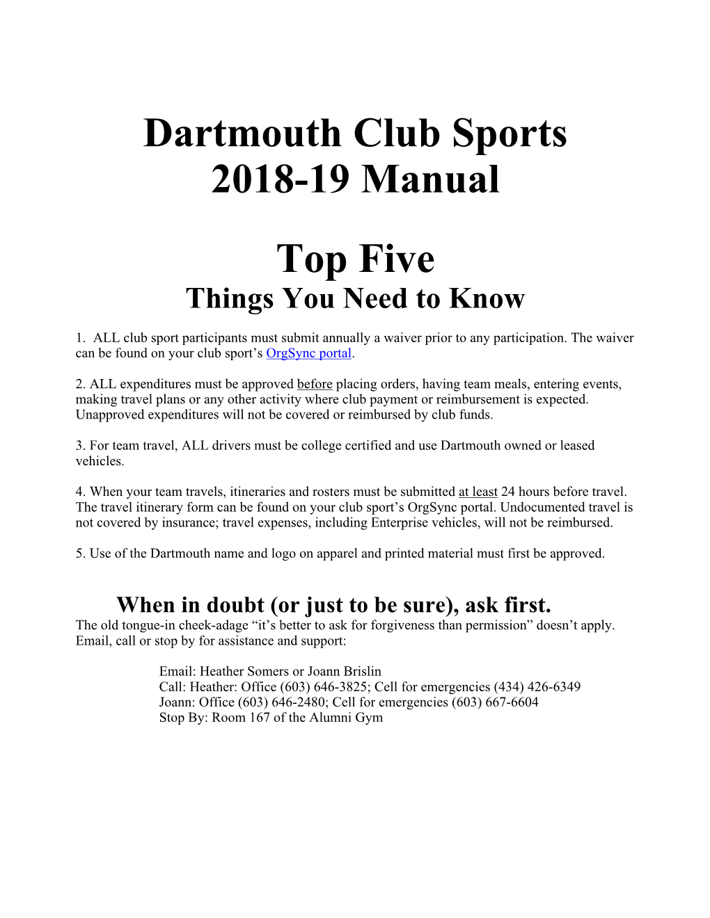 Dartmouth Club Sports 2018-19 Manual Top Five