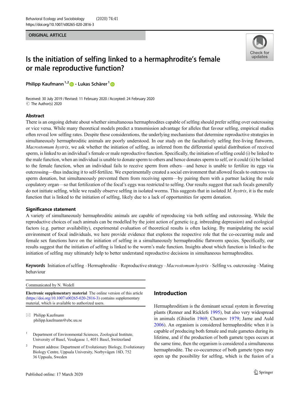 Is the Initiation of Selfing Linked to a Hermaphrodite's Female Or Male