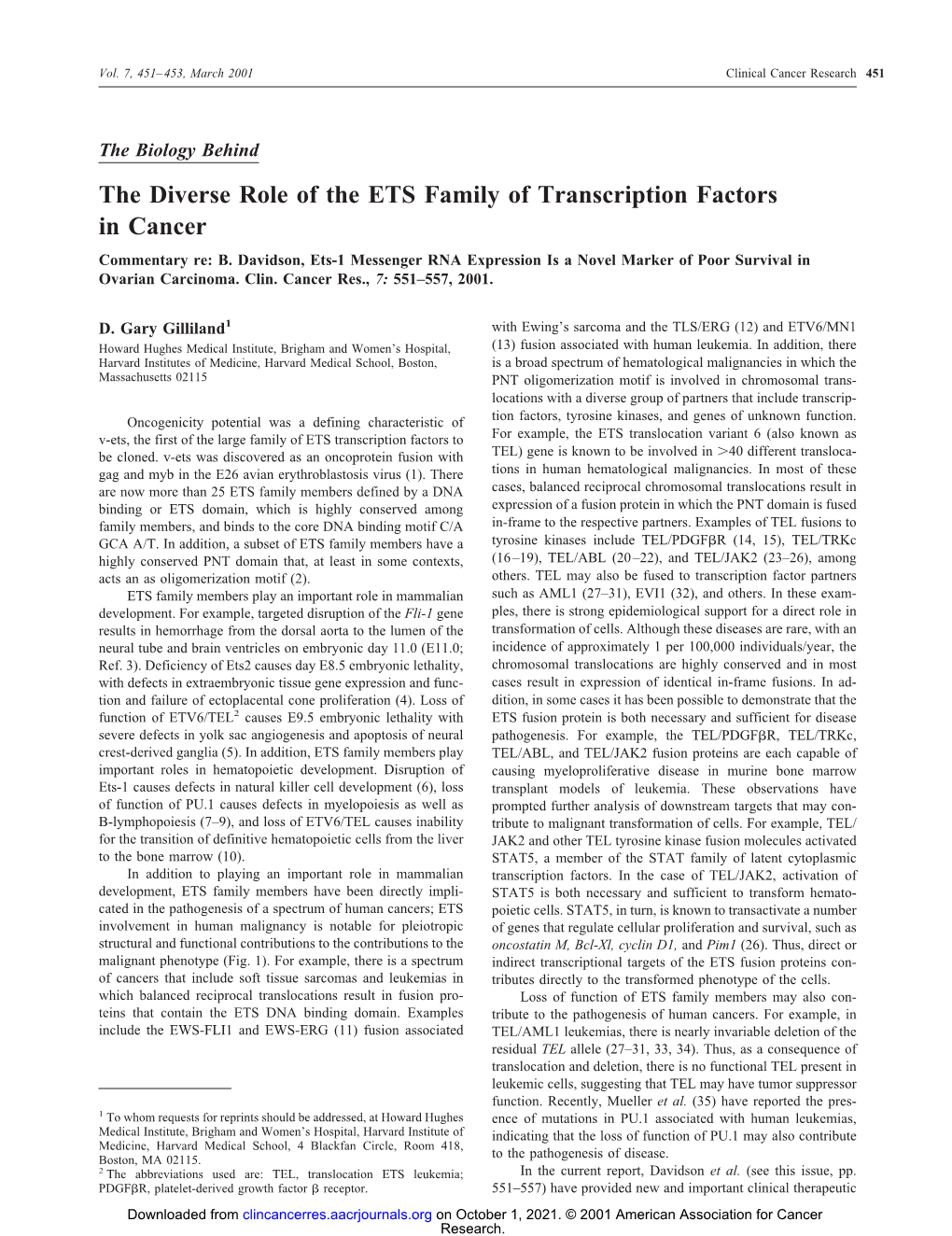 The Diverse Role of the ETS Family of Transcription Factors in Cancer Commentary Re: B