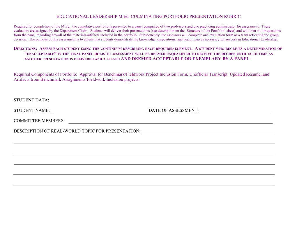 EDUCATIONAL LEADERSHIP M.Ed. CULMINATING PORTFOLIO PRESENTATION RUBRIC