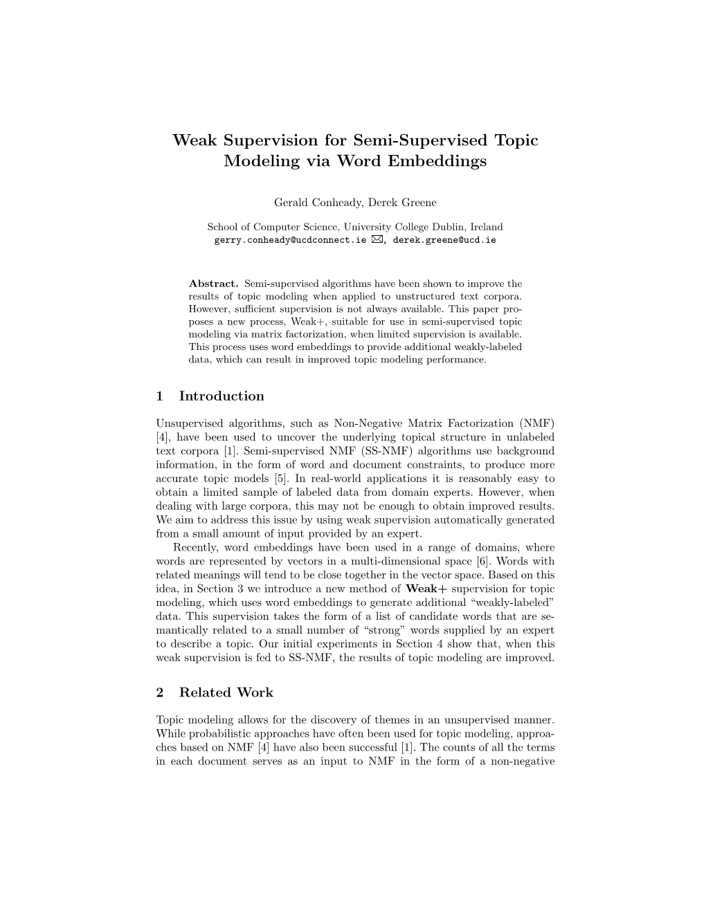 Weak Supervision for Semi-Supervised Topic Modeling Via Word Embeddings