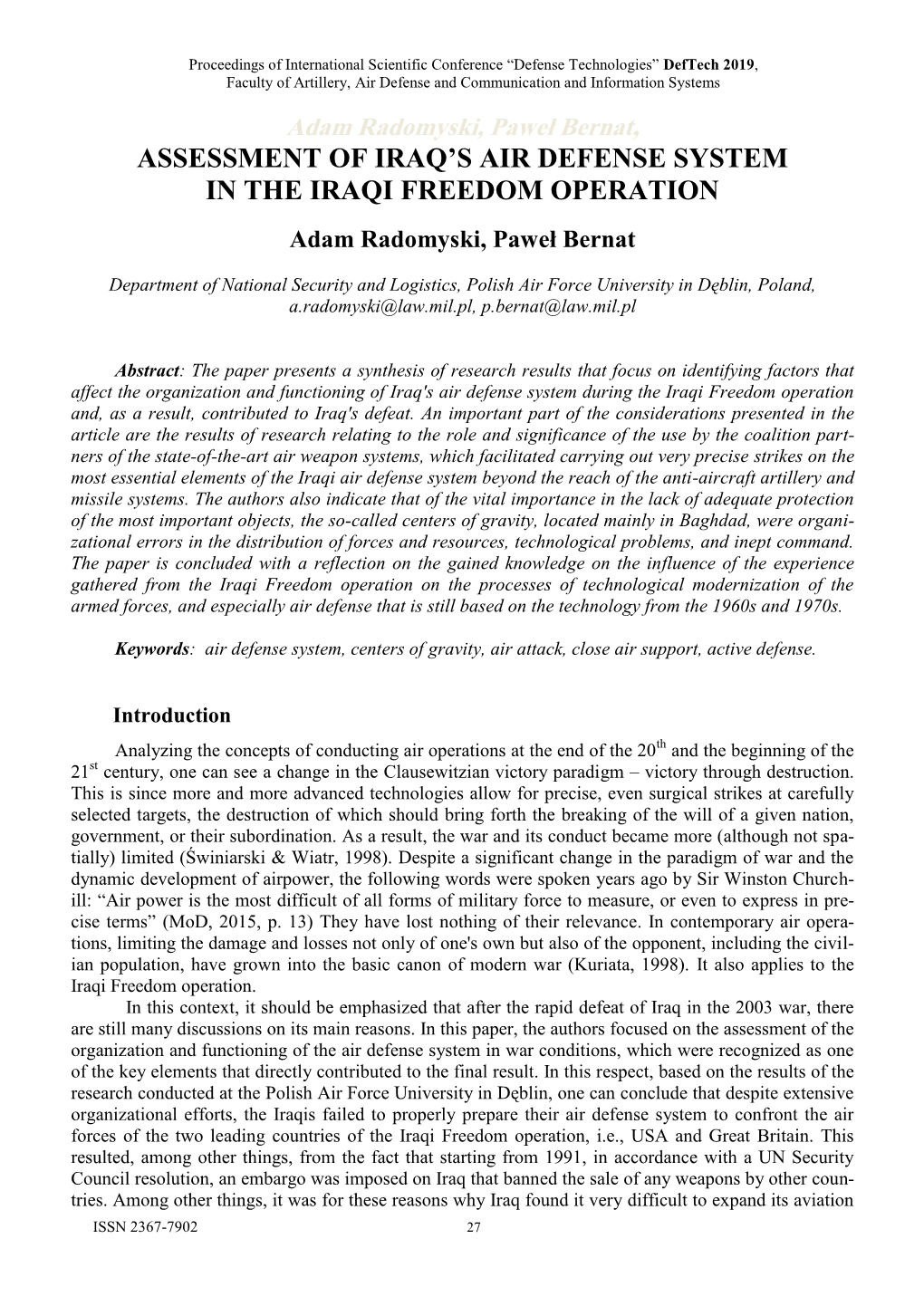 Assessment of Iraq's Air Defense System in the Iraqi