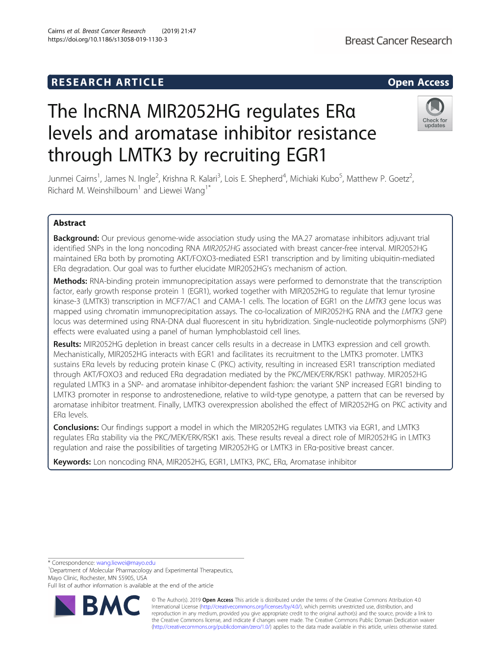 The Lncrna MIR2052HG Regulates Erα Levels and Aromatase Inhibitor Resistance Through LMTK3 by Recruiting EGR1 Junmei Cairns1, James N