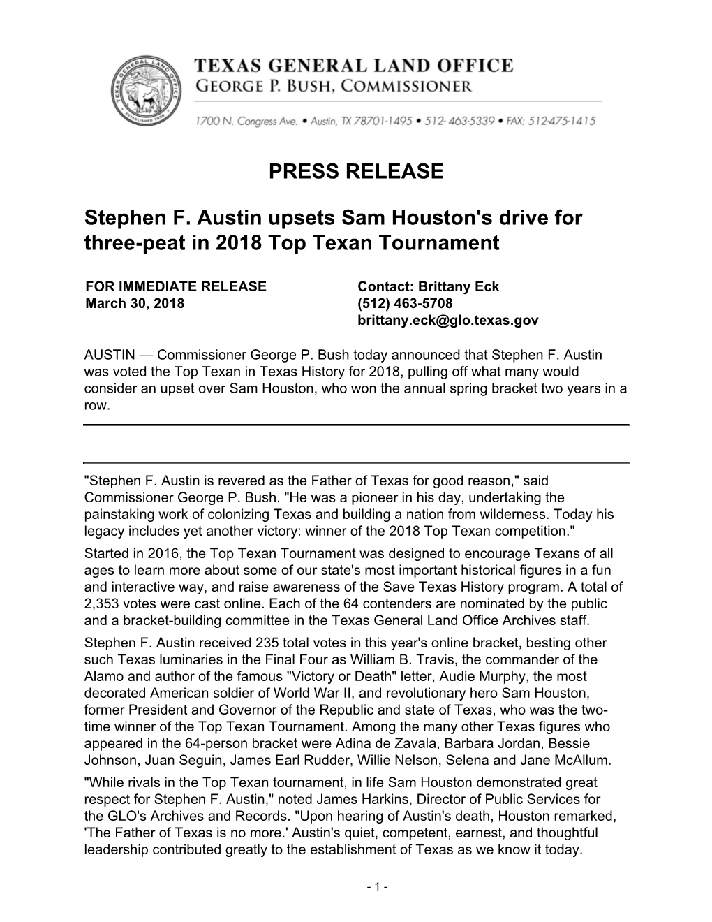 PRESS RELEASE Stephen F. Austin Upsets Sam Houston's Drive For