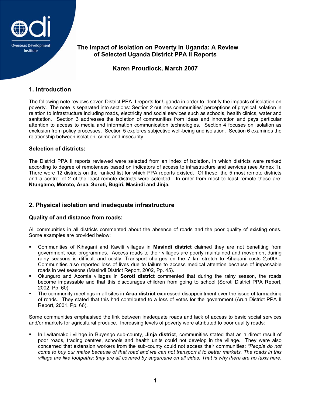 The Impact of Isolation on Poverty in Uganda: a Review of Selected Uganda District PPA II Reports