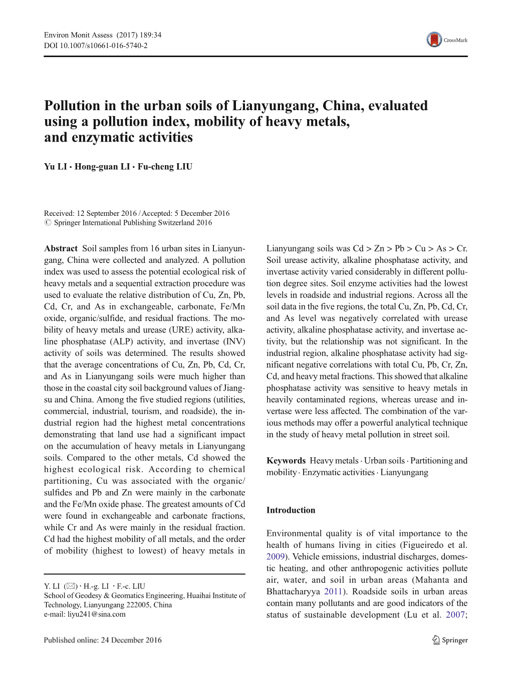 Pollution in the Urban Soils of Lianyungang, China, Evaluated Using a Pollution Index, Mobility of Heavy Metals, and Enzymatic Activities