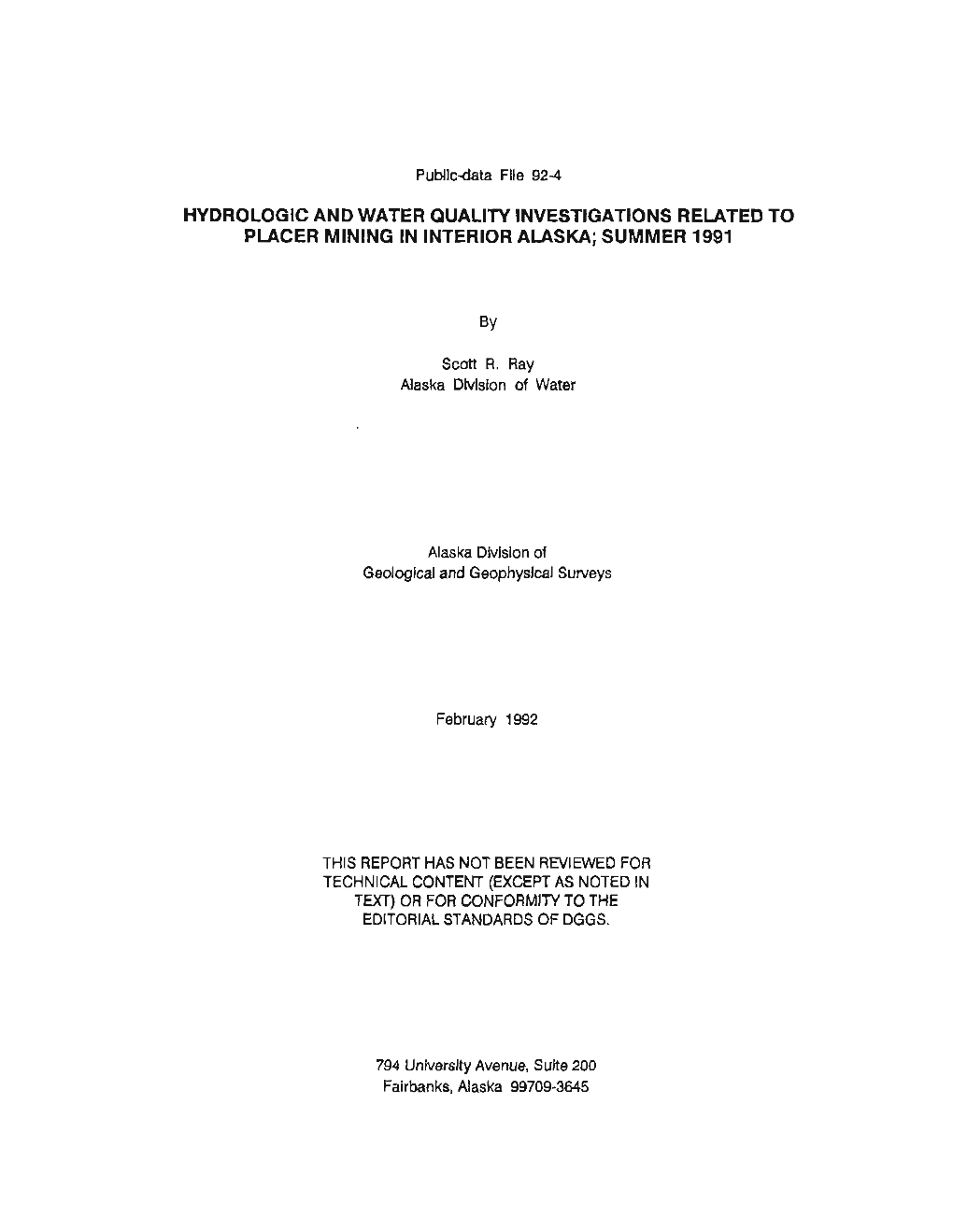 Hydrologic and Water Quality Investigations Related to Placer Mining in Interior Alaska; Summer 1991