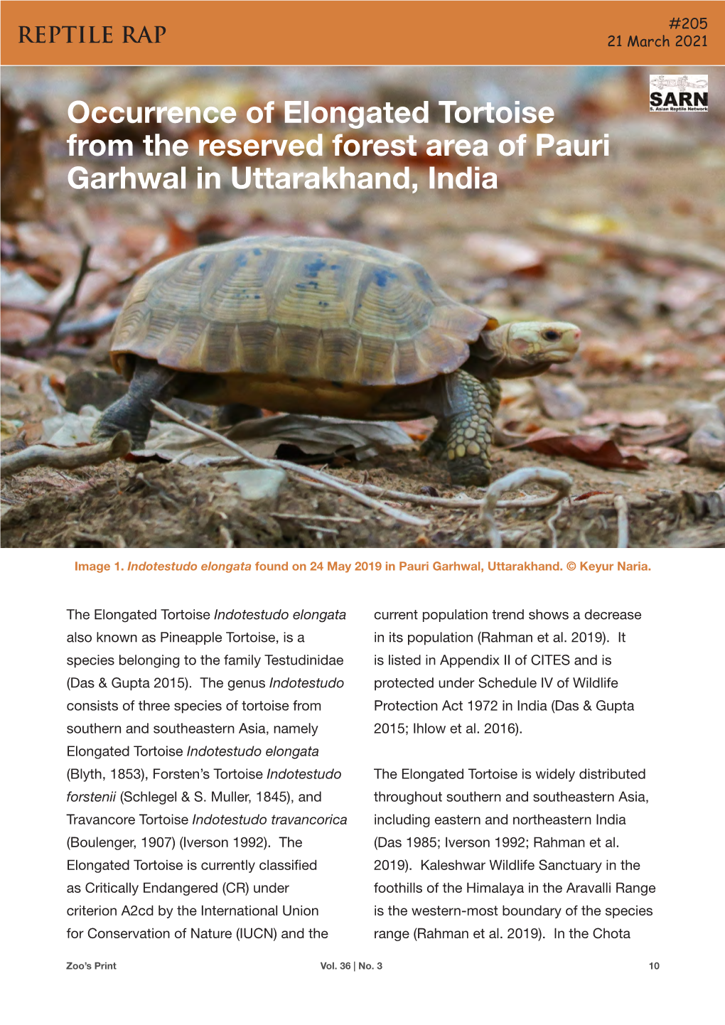 Occurrence of Elongated Tortoise from the Reserved Forest Area of Pauri Garhwal in Uttarakhand, India