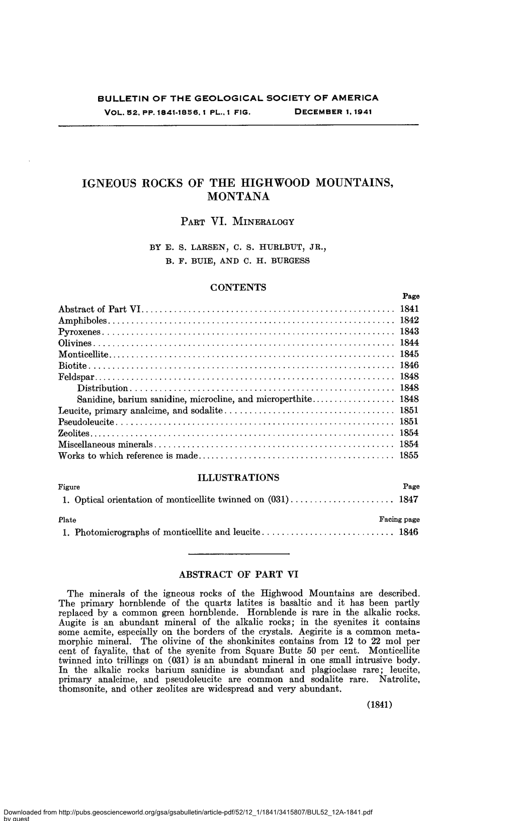 Igneous Rocks of the Highwood Mountains, Montana