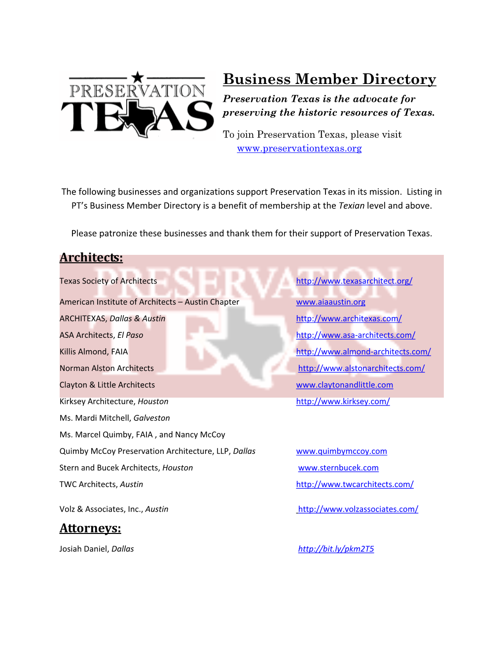 Business Member Directory Preservation Texas Is the Advocate for Preserving the Historic Resources of Texas