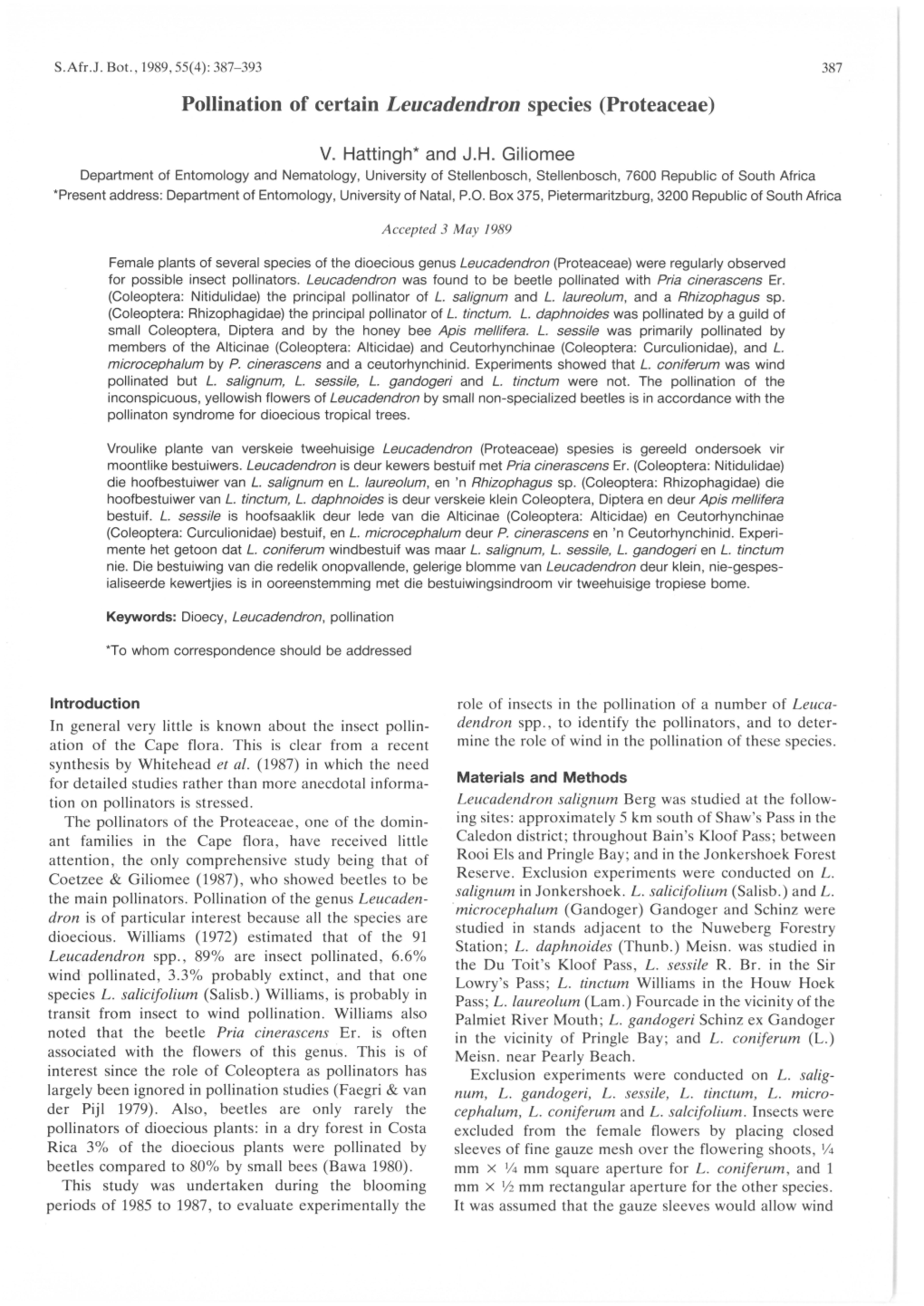 Pollination of Certain Leucadendron Species (Proteaceae)