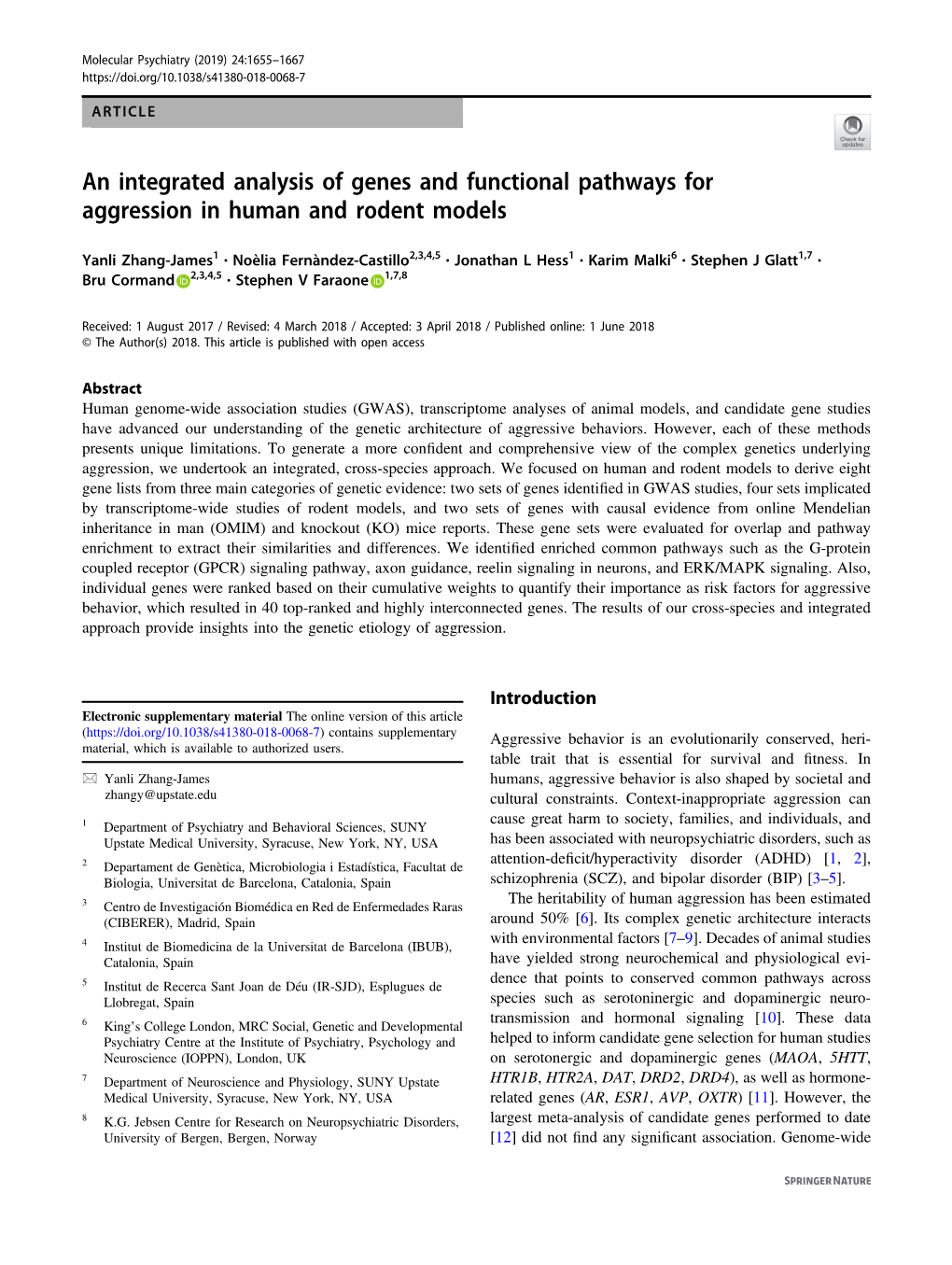 An Integrated Analysis of Genes and Functional Pathways for Aggression in Human and Rodent Models