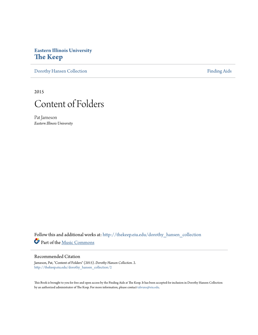 Content of Folders Pat Jameson Eastern Illinois University