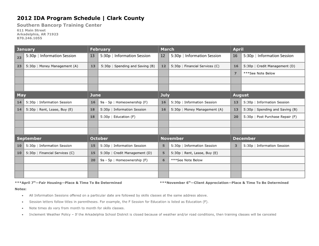 Note Times Do Vary from Month to Month for Skills Classes