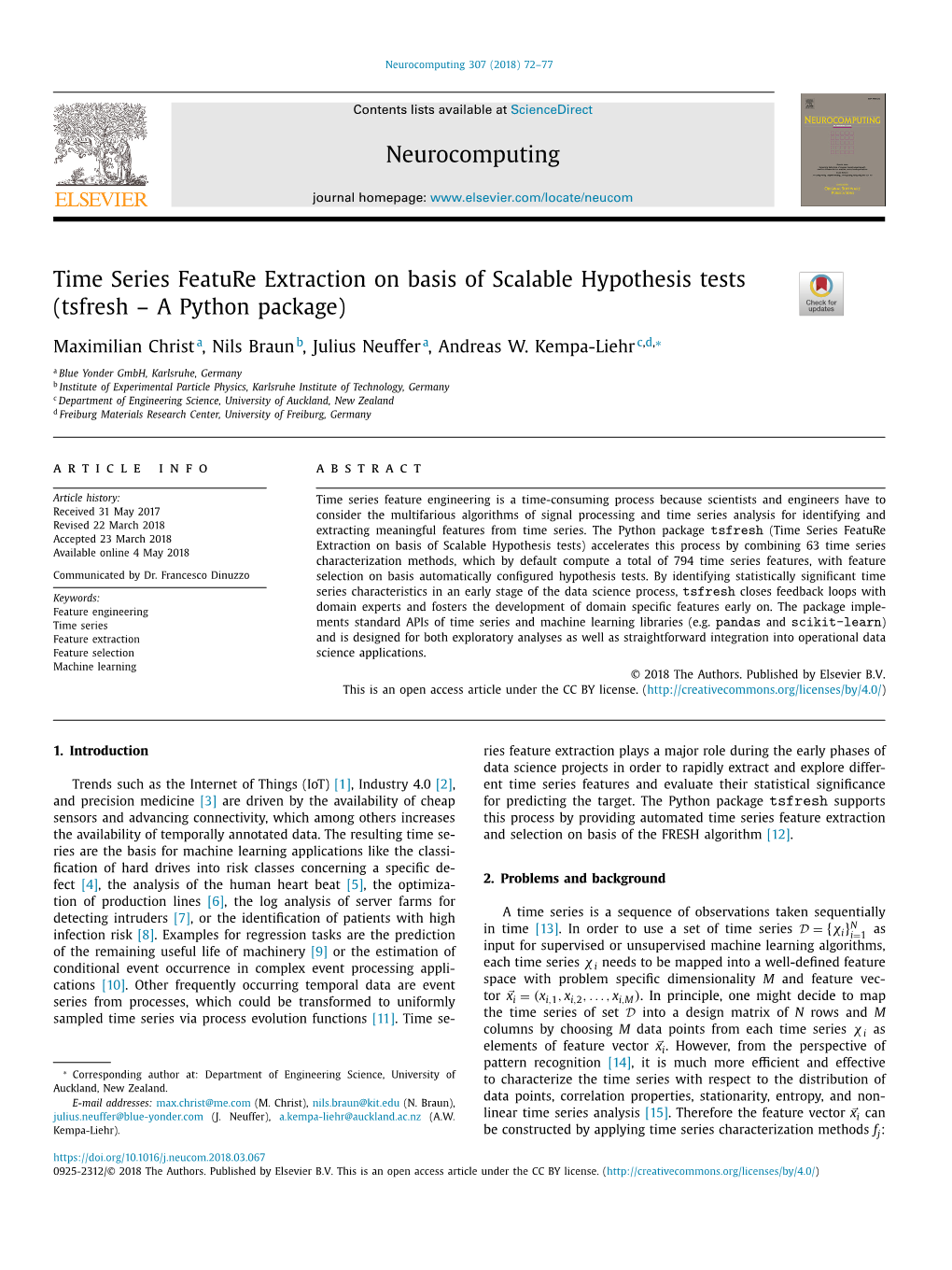 Time Series Feature Extraction on Basis of Scalable Hypothesis Tests (Tsfresh –A Python Package)