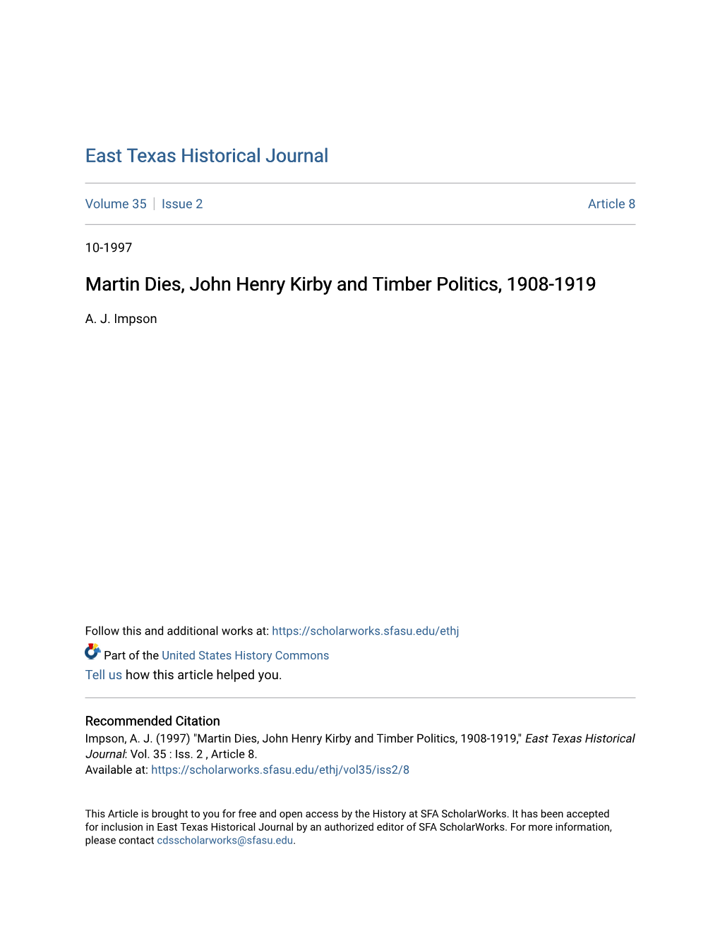 Martin Dies, John Henry Kirby and Timber Politics, 1908-1919