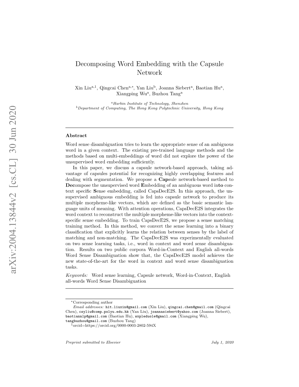 Decomposing Word Embedding with the Capsule Network