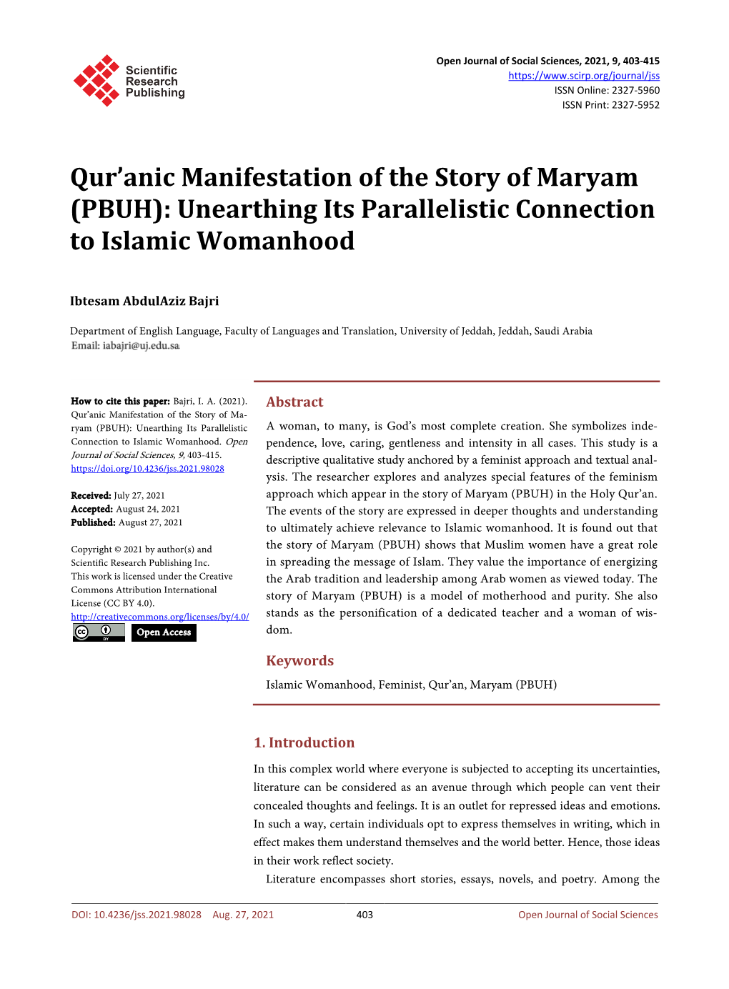 Qur'anic Manifestation of the Story of Maryam (PBUH)