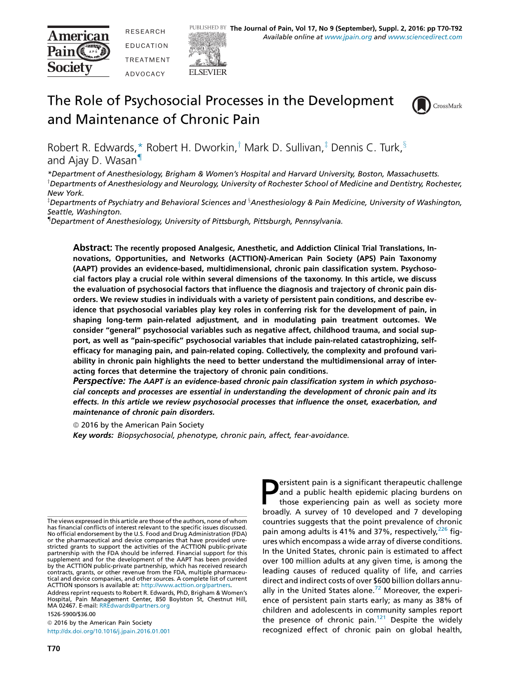 The Role of Psychosocial Processes in the Development and Maintenance of Chronic Pain