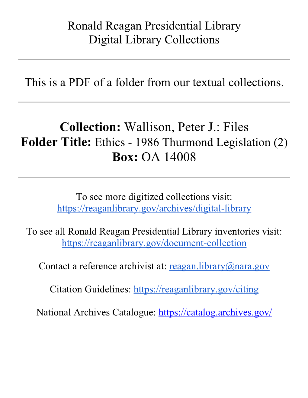 Collection: Wallison, Peter J.: Files Box: OA 14008