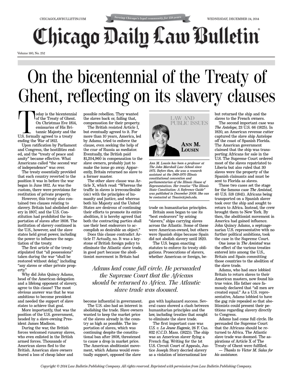 On the Bicentennial of the Treaty of Ghent, Reflecting on Its Slavery Clauses