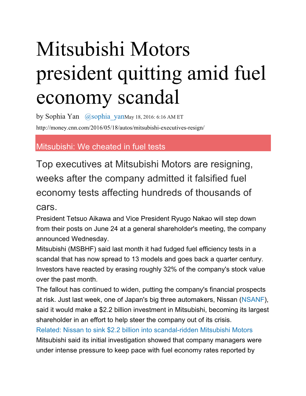 Mitsubishi Motors President Quitting Amid Fuel Economy Scandal