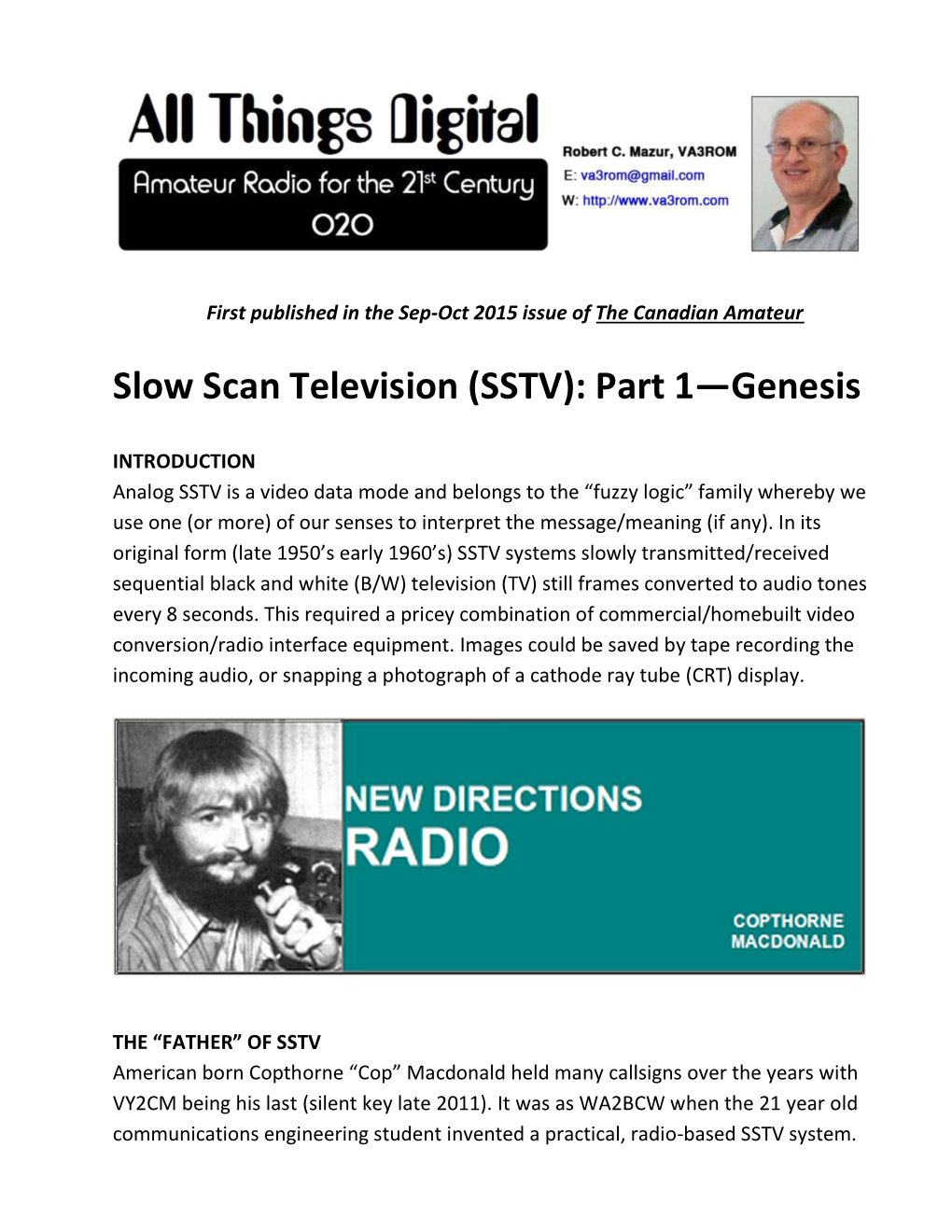 Slow Scan Television (SSTV): Part 1—Genesis