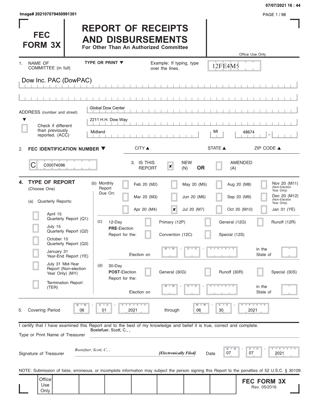 Fec Form 3X Report of Receipts and Disbursements