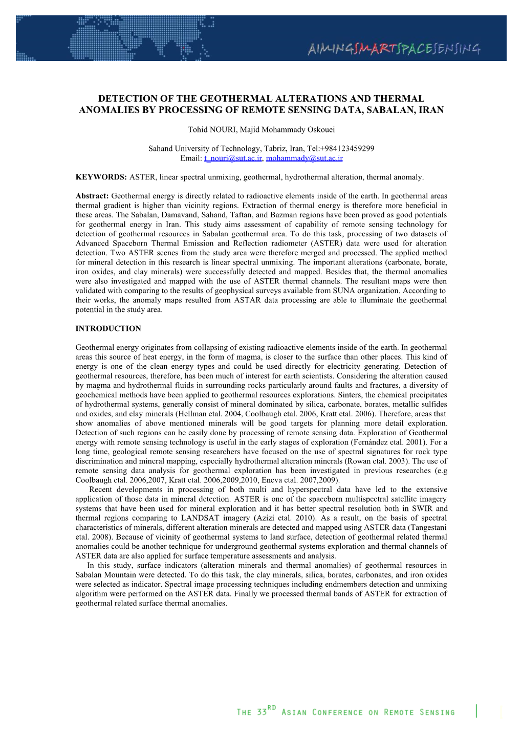 Detection of the Geothermal Alterations and Thermal Anomalies by Processing of Remote Sensing Data, Sabalan, Iran