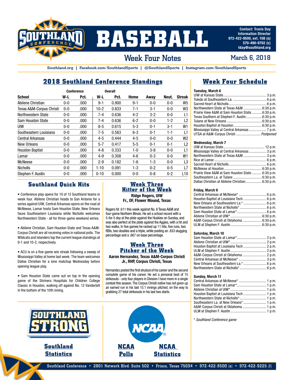 Week Four Notes March 6, 2018 Southland.Org | Facebook.Com/Southlandsports | @Southlandsports | Instagram.Com/Southlandsports