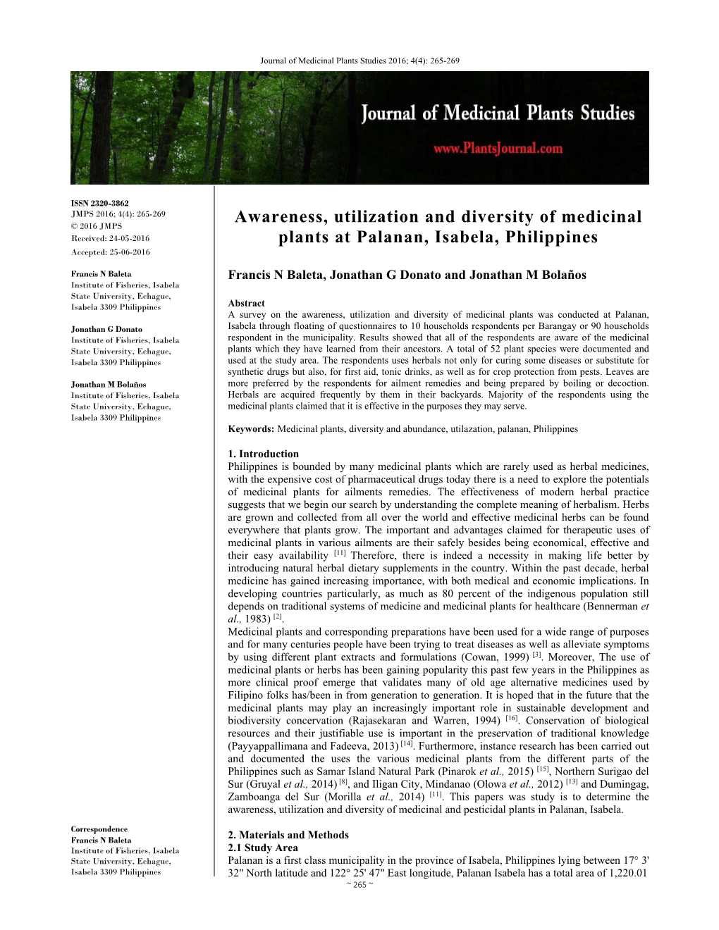 Awareness, Utilization and Diversity of Medicinal Plants at Palanan, Isabela, Philippines