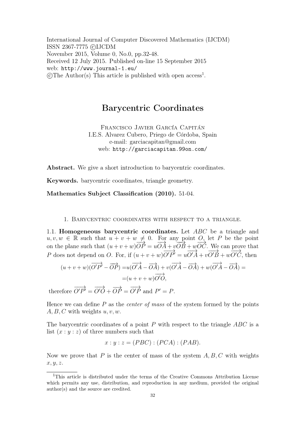 Francisco Javier García Capitán, Barycentric Coordinates, Pp.32-48