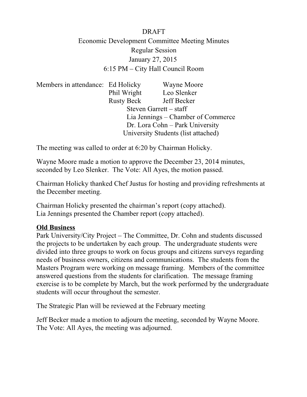 Economic Development Committee Meeting Minutes