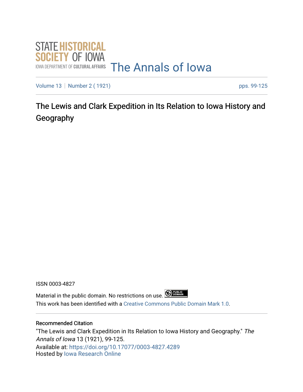 The Lewis and Clark Expedition in Its Relation to Iowa History and Geography