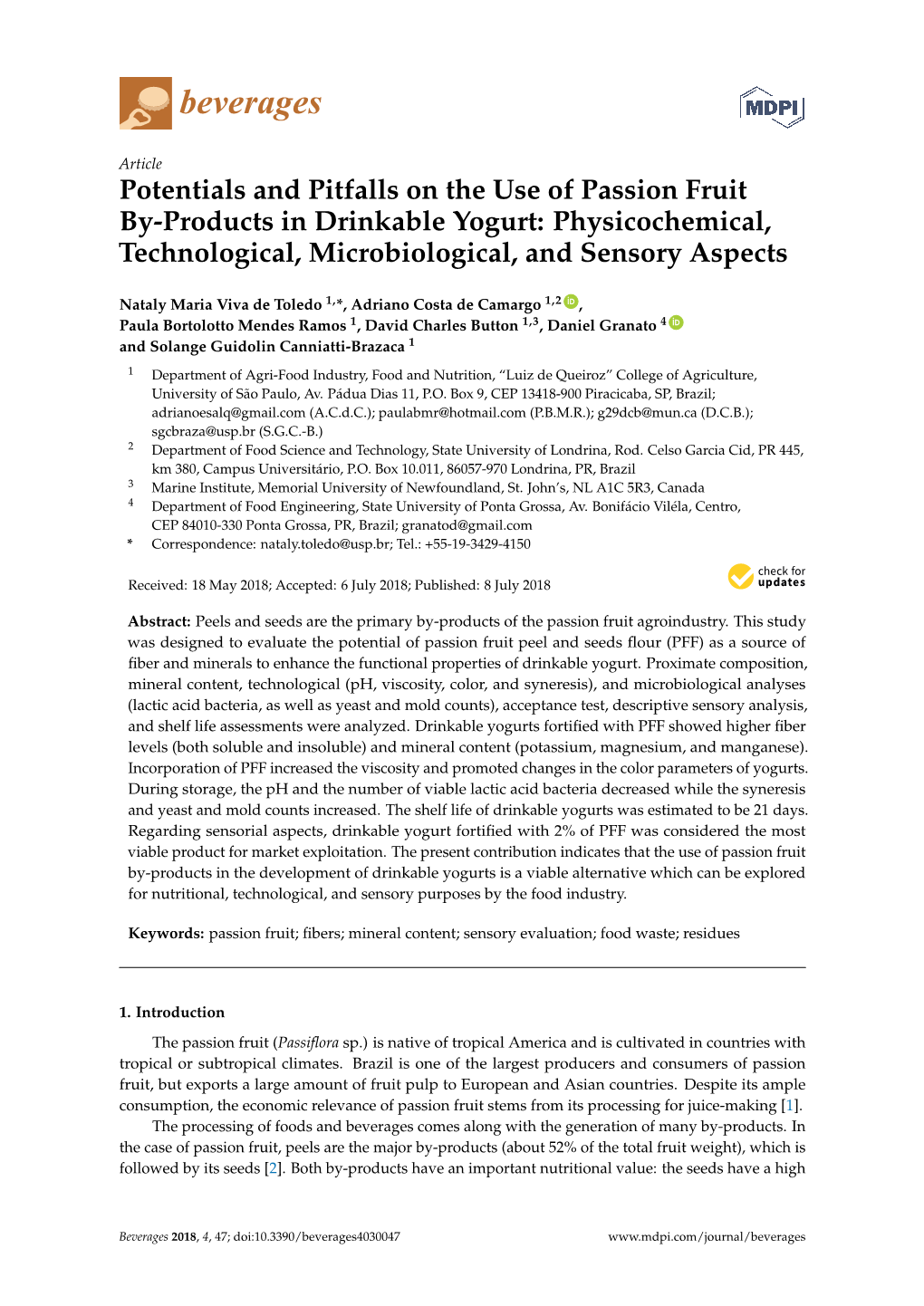 Potentials and Pitfalls on the Use of Passion Fruit By-Products in Drinkable Yogurt: Physicochemical, Technological, Microbiological, and Sensory Aspects