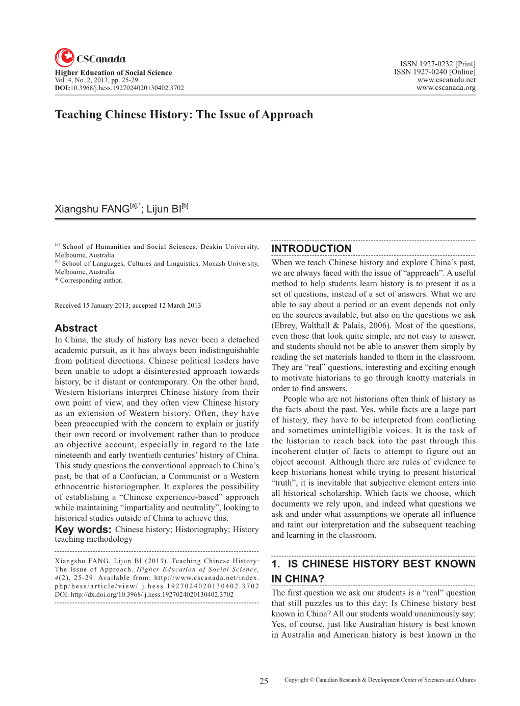 Teaching Chinese History: the Issue of Approach