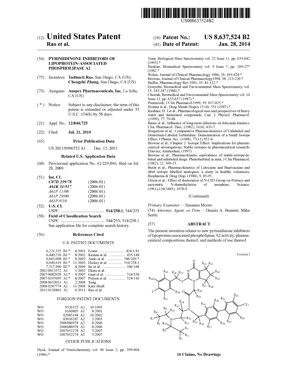 (12) United States Patent (10) Patent No.: US 8,637,524 B2 Rao Et Al