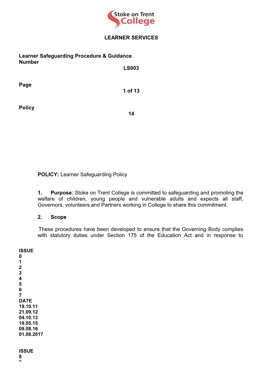 POLICY: Learner Safeguarding Policy