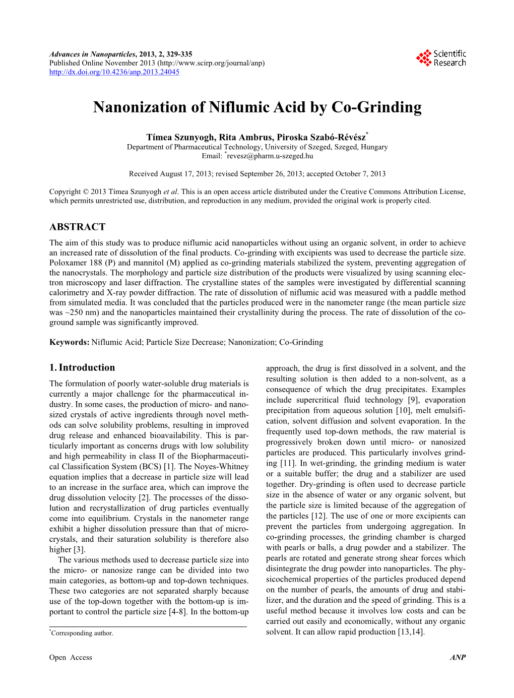 Nanonization of Niflumic Acid by Co-Grinding