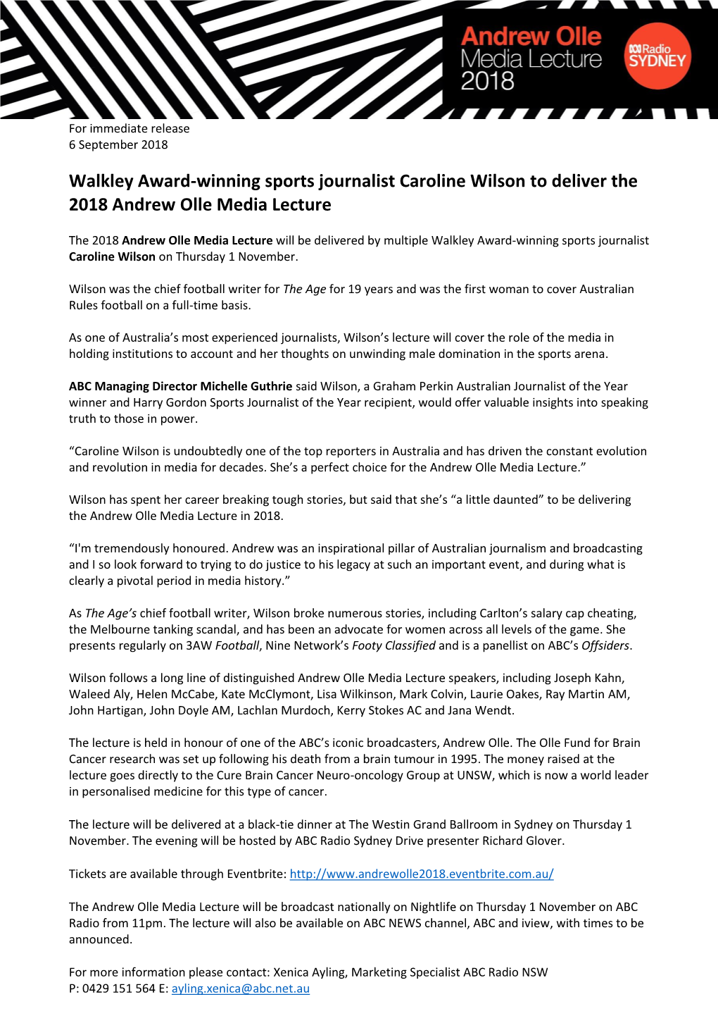 Walkley Award-Winning Sports Journalist Caroline Wilson to Deliver the 2018 Andrew Olle Media Lecture