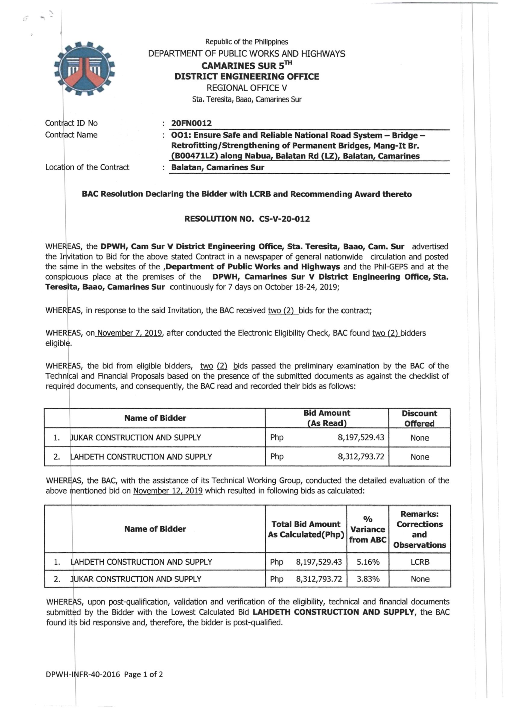 DEPARTMENT of PUBLIC WORKS and HIGHWAYS CAMARINES SUR 5TH DISTRICT ENGINEERING OFFICE REGIONAL OFFICE V Sta