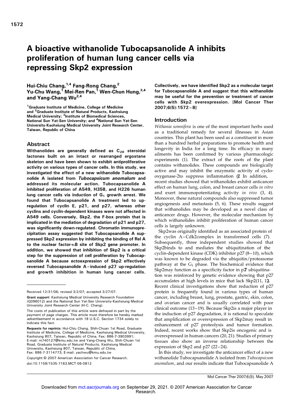A Bioactive Withanolide Tubocapsanolide a Inhibits Proliferation of Human Lung Cancer Cells Via Repressing Skp2 Expression