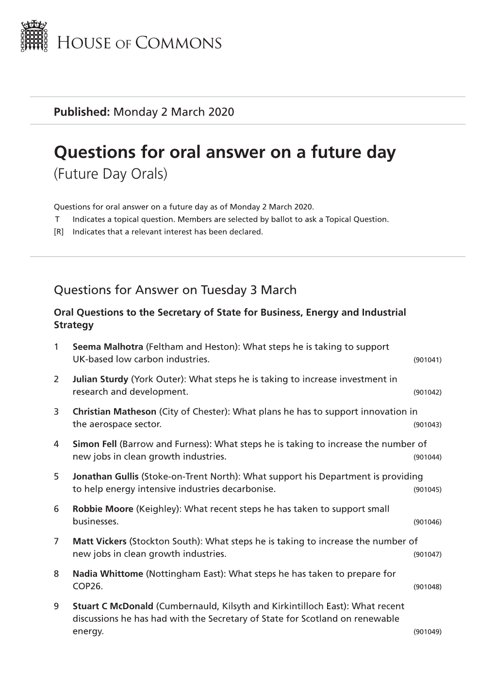 Future Oral Questions As of Mon 2 Mar 2020