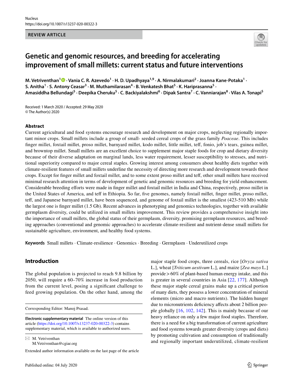 Genetic and Genomic Resources, and Breeding for Accelerating Improvement of Small Millets: Current Status and Future Interventions