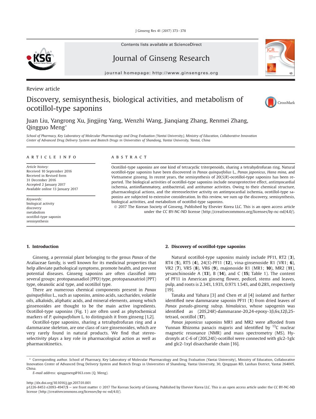 Discovery, Semisynthesis, Biological Activities, and Metabolism of Ocotillol-Type Saponins Journal of Ginseng Research